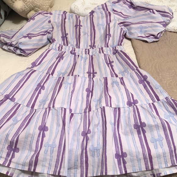 Shop The Mint Other - Girls Tiered Casual Dress with Purple and Light Blue Bow Stripes